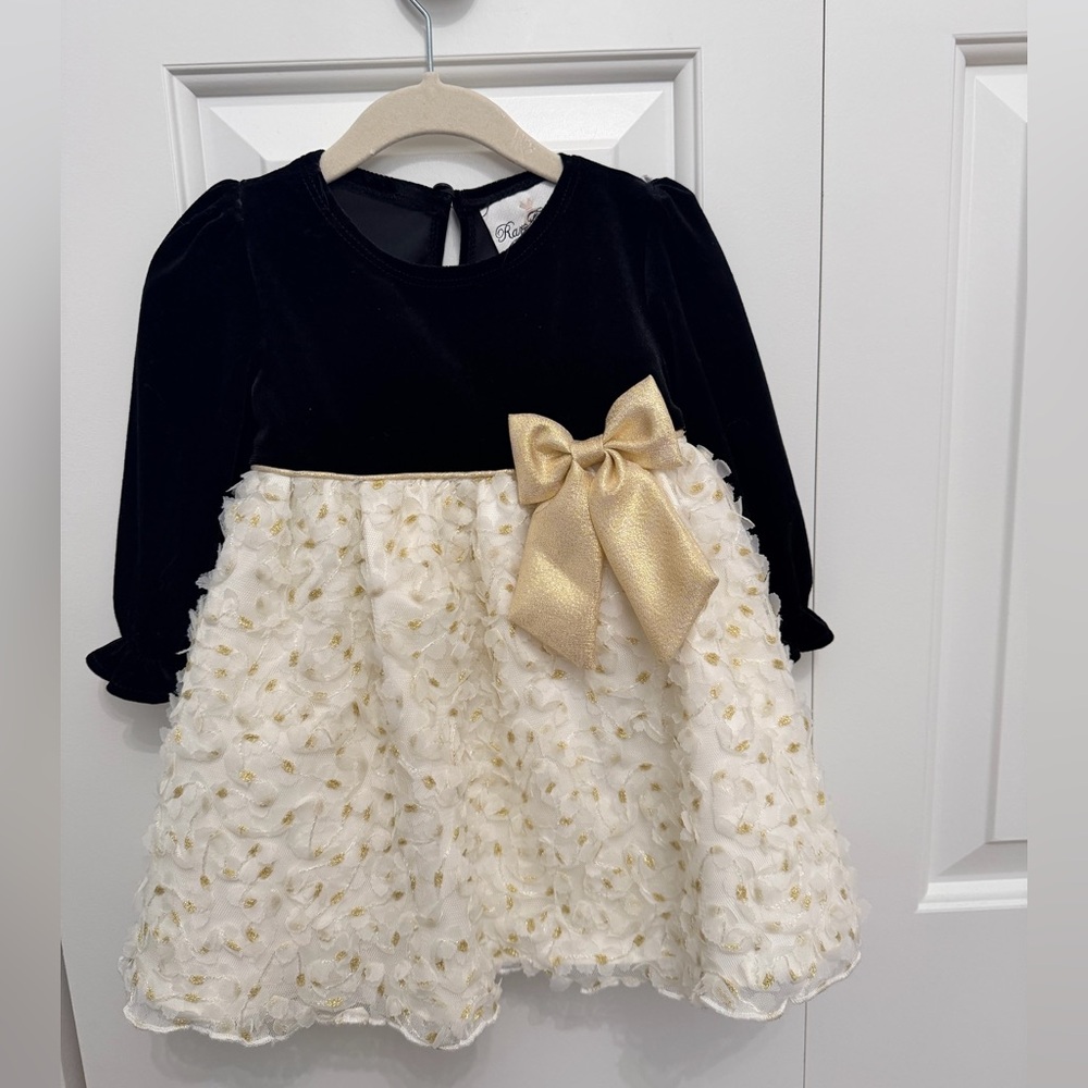 Rare Editions Black Velvet Dress with Gold Bow